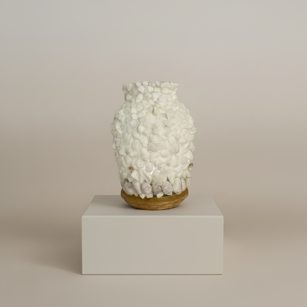 Minimal Decorative Glass Vase with Wooden Base and Natural Stones - VIR Home Collection