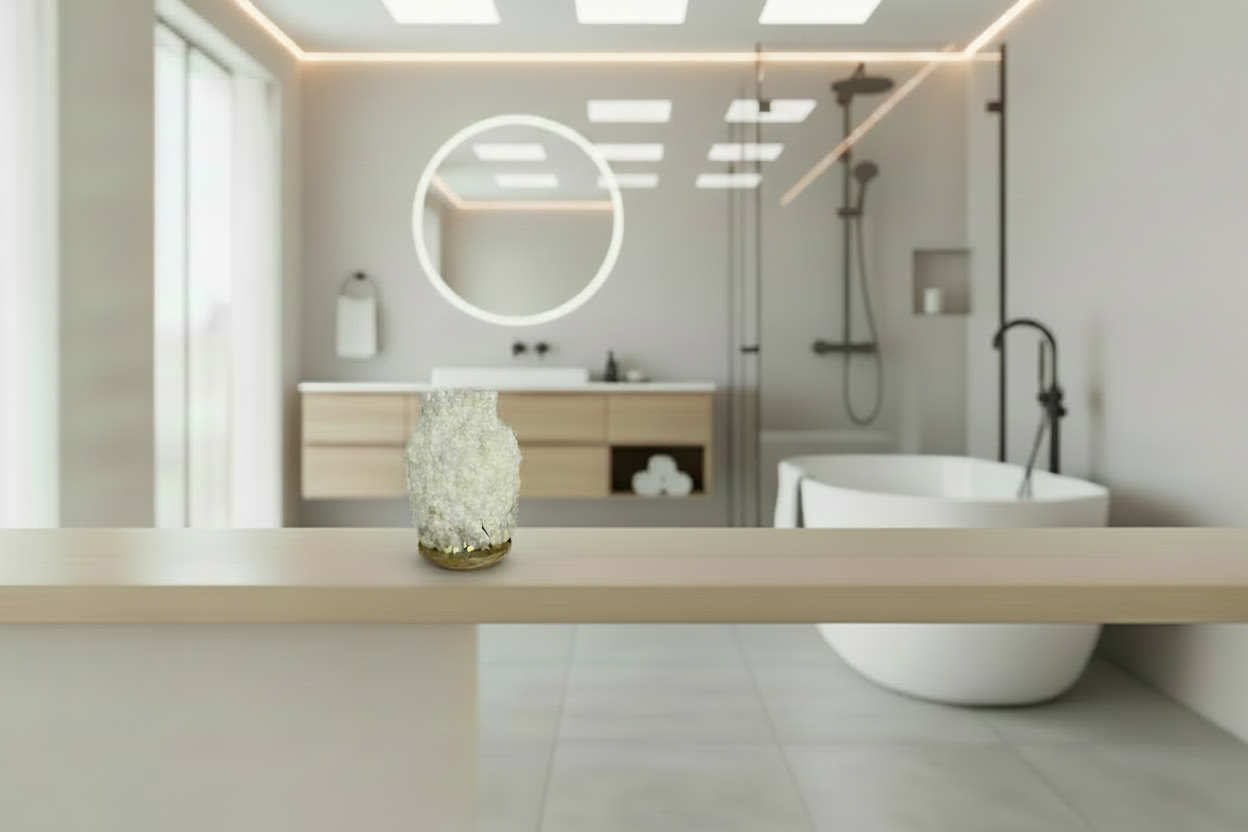 Minimal Decorative Glass Vase with Wooden Base and Natural Stones - VIR Home Collection