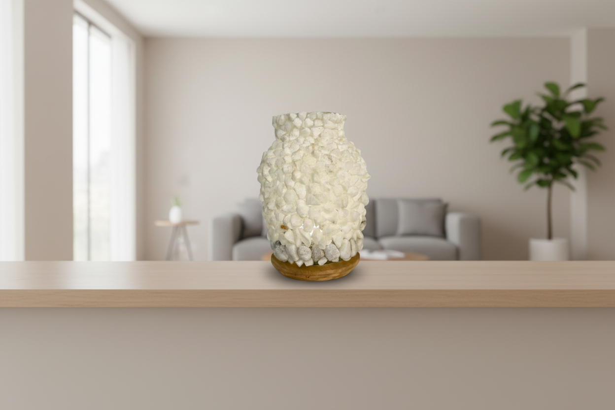 Minimal Decorative Glass Vase with Wooden Base and Natural Stones - VIR Home Collection