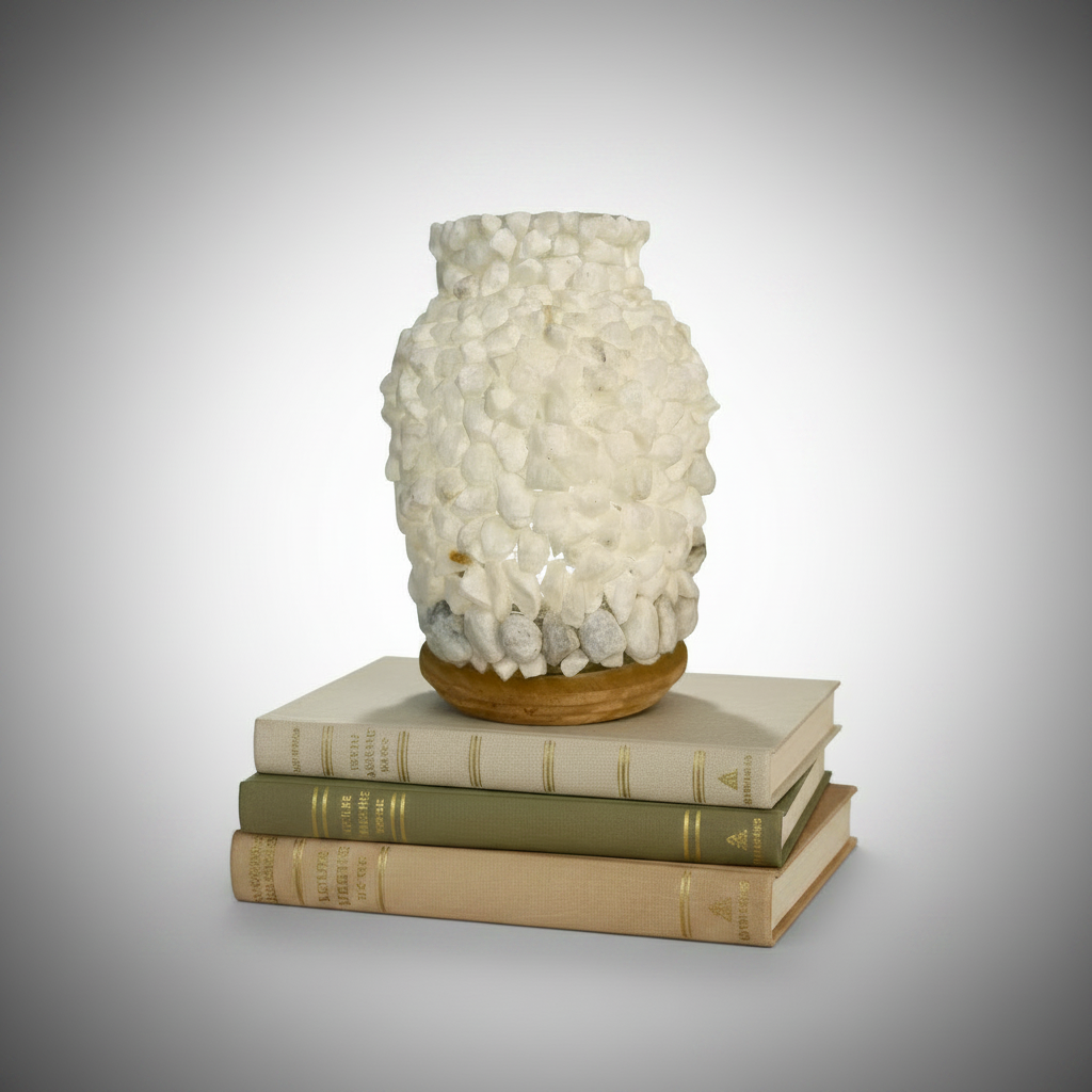Minimal Decorative Glass Vase with Wooden Base and Natural Stones - VIR Home Collection