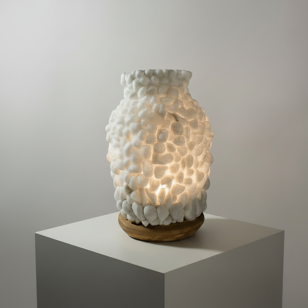 Minimal Decorative Glass Vase with Wooden Base and Natural Stones - VIR Home Collection