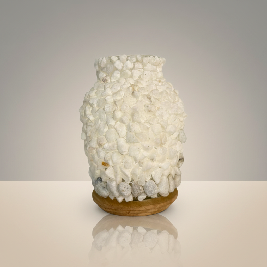 Minimal Decorative Glass Vase with Wooden Base and Natural Stones - VIR Home Collection
