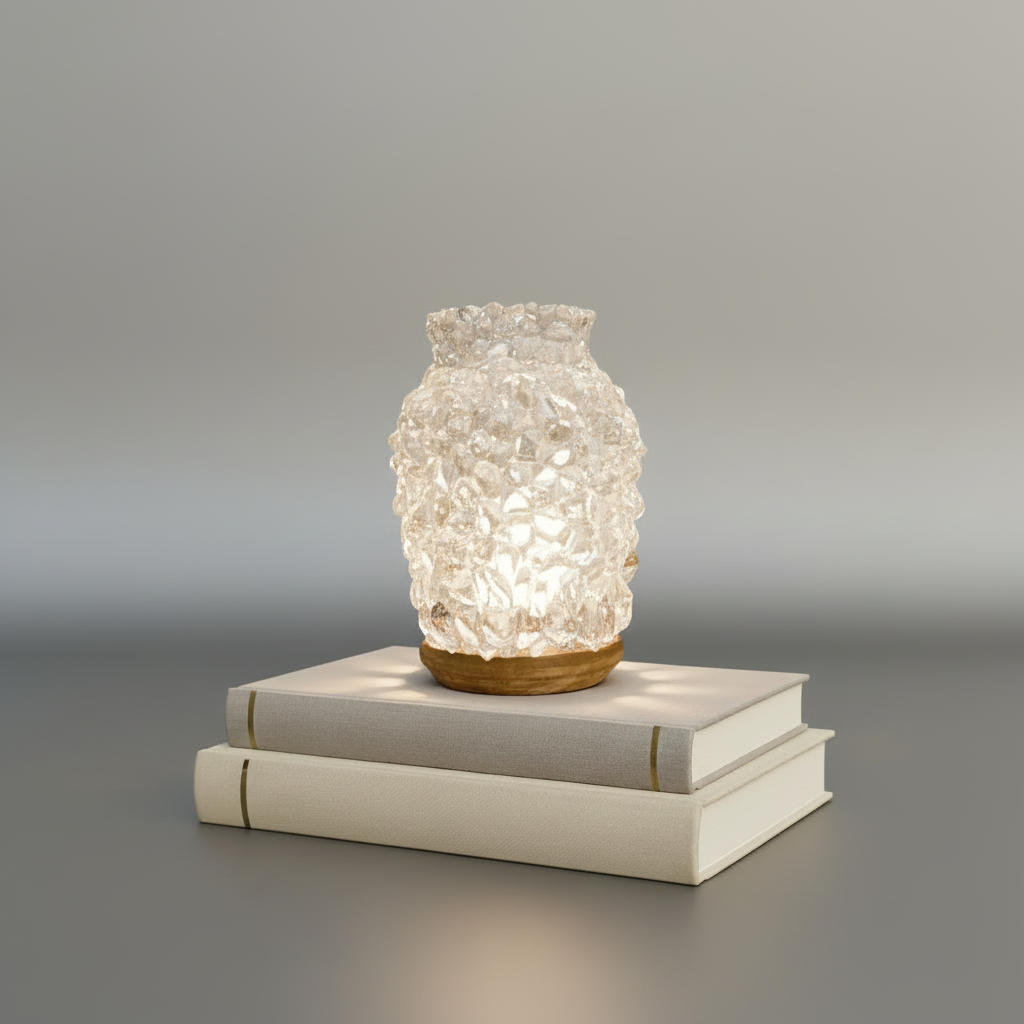 Minimal Decorative Glass Vase with Wooden Base and Natural Stones - VIR Home Collection